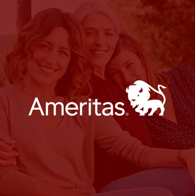 Three smiling people with Ameritas logo on red background dental insurance branding