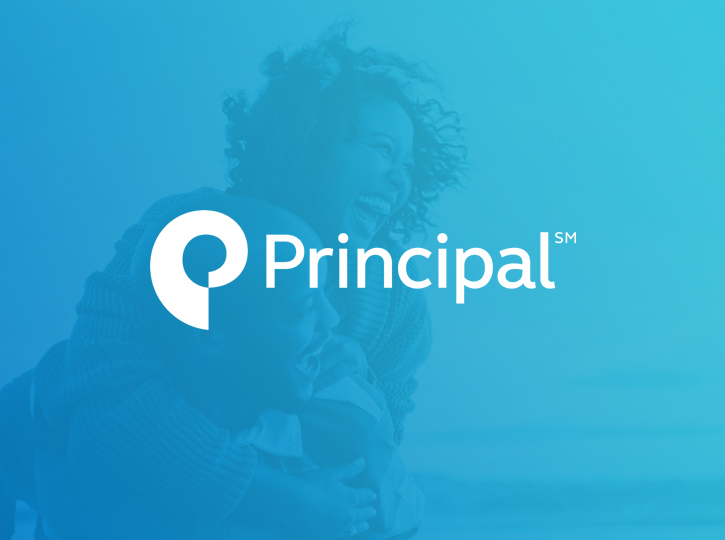 Principal logo with white text on blue gradient background with blurred figure