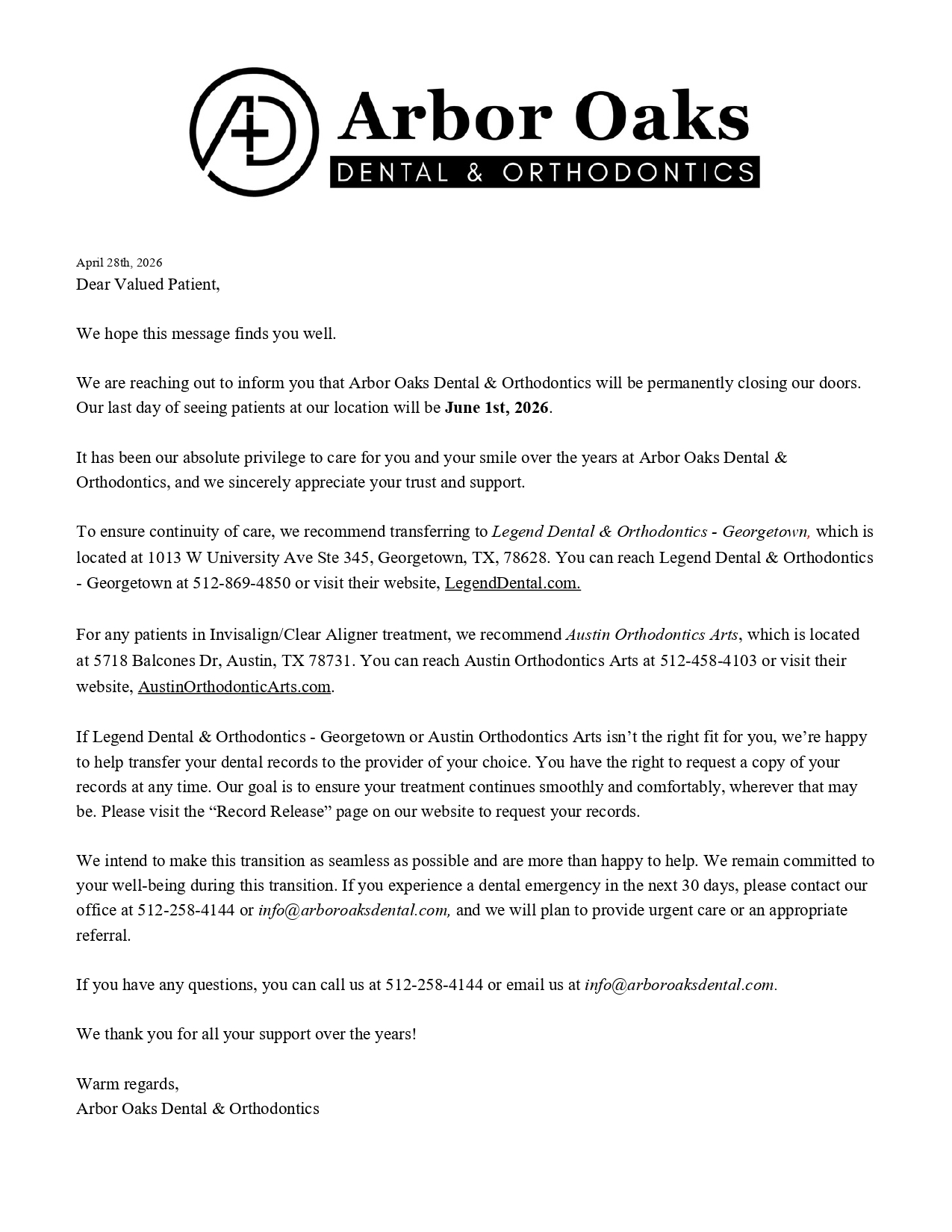 Arbor Oaks Dental and Ortho - Closure Patient Notification Letter
